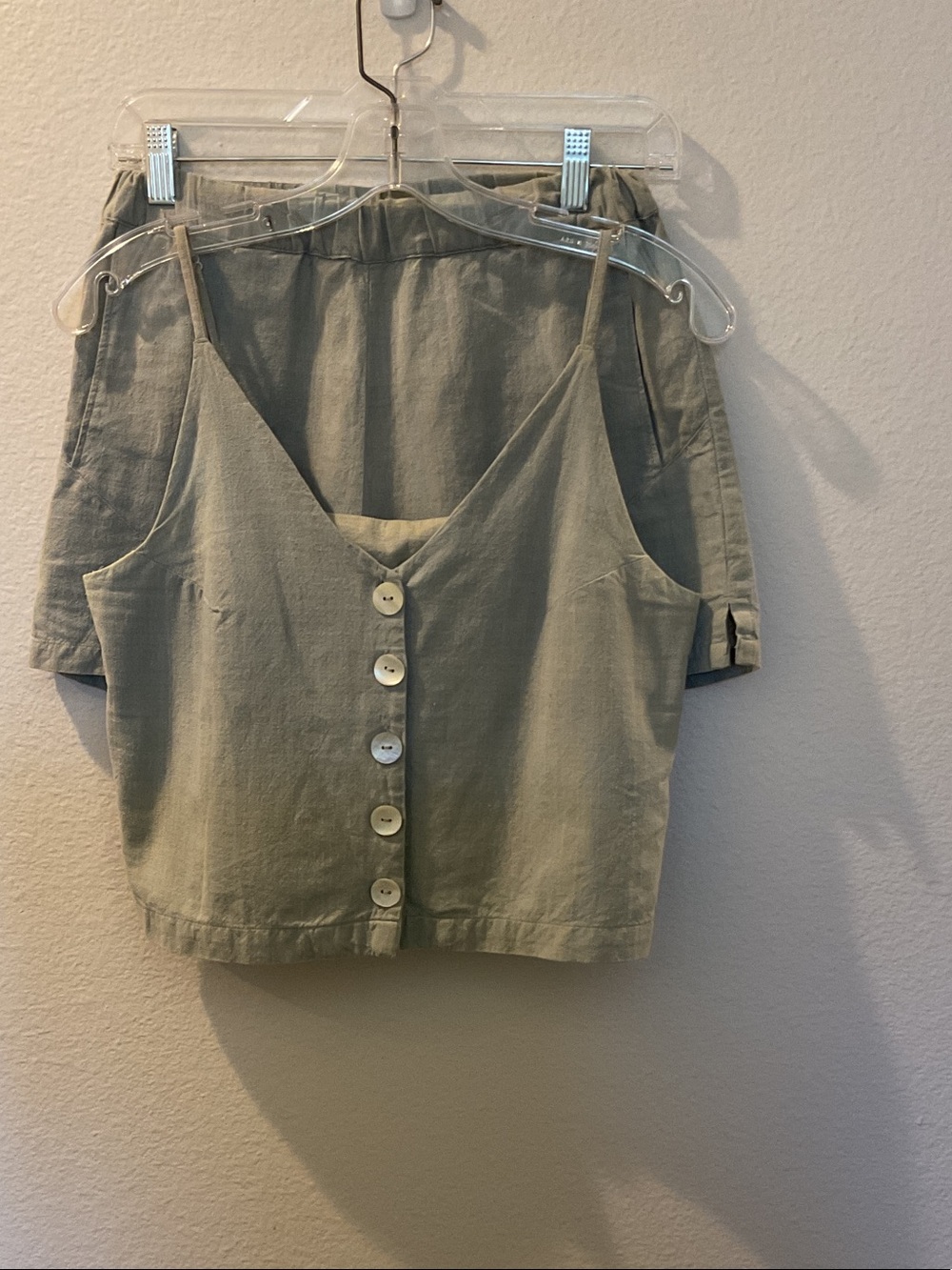 RVCA Khaki Color Button Crop Top & High-Waist Shorts XS